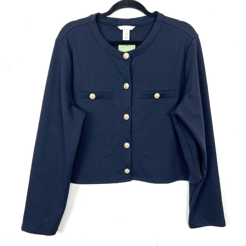 H&M Navy Gold Decorative Button Front Cropped Cardigan Sweater Jacket XXL